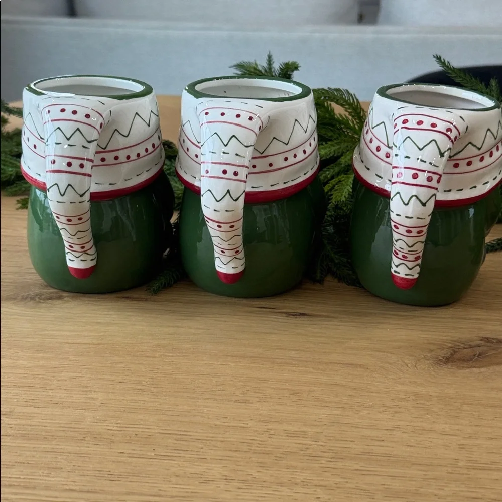 Pottery Barn Holiday 3 Gnome coffe mugs  - Green, Red, White, Gray